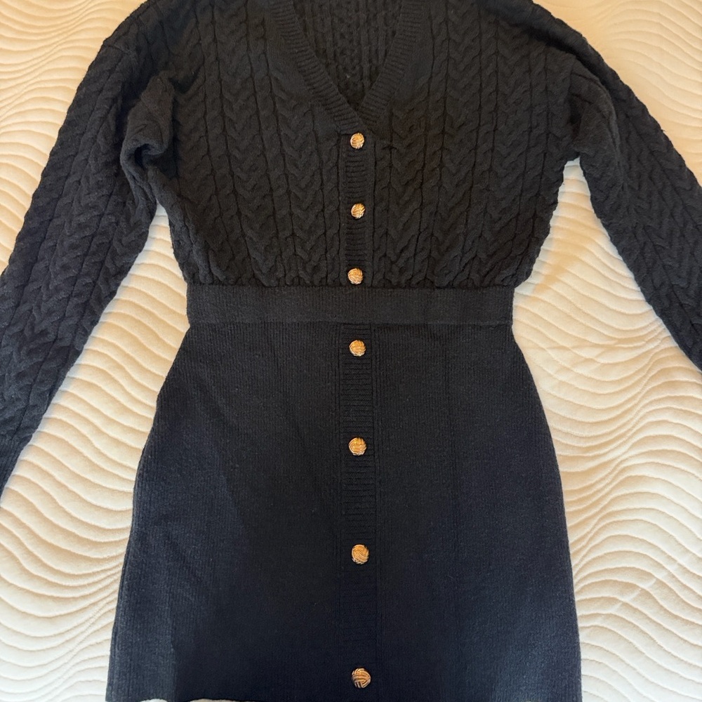 Cupshe Black Cable-Knit V-Neck Sweater dress with Gold Buttons